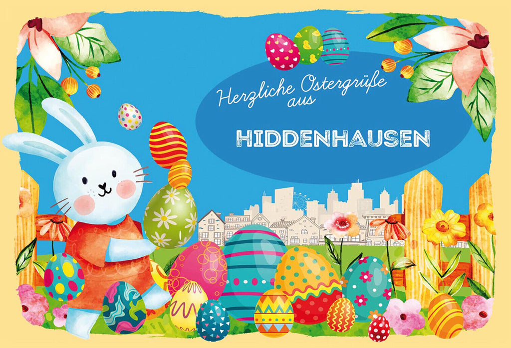 Schild Spruch Herzliche Ostergrüße aus Hiddenhausen Osterhase Eier Comic JW