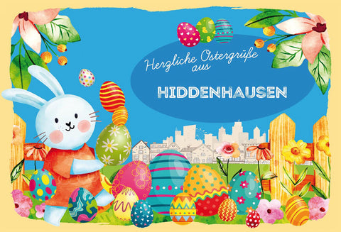 Schild Spruch Herzliche Ostergrüße aus Hiddenhausen Osterhase Eier Comic JW