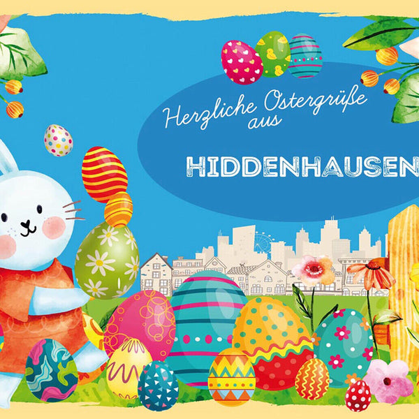 Schild Spruch Herzliche Ostergrüße aus Hiddenhausen Osterhase Eier Comic JW