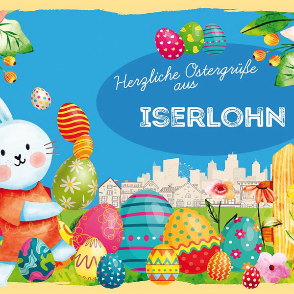 Schild Spruch Herzliche Ostergrüße aus Iserlohn Osterhase Eier Comic JW