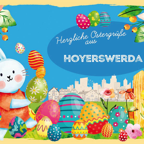 Schild Spruch Herzliche Ostergrüße aus Hoyerswerda Osterhase Eier Comic JW