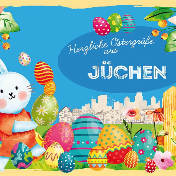 Schild Spruch Herzliche Ostergrüße aus Jüchen Osterhase Eier Comic JW