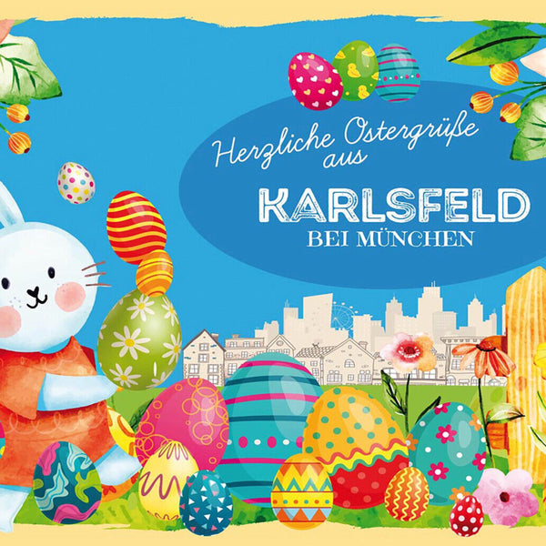 Schild Spruch Herzliche Ostergrüße aus Karlsfeld bei München Osterhase Comic JW