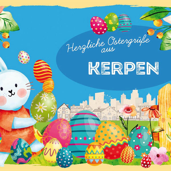 Schild Spruch Herzliche Ostergrüße aus Kerpen Osterhase Eier Comic JW