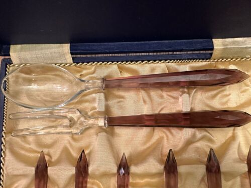 Glasbesteck Art Deco um 1930 Böhmen inkl. Original Etui Amethyst Farbiges Glas