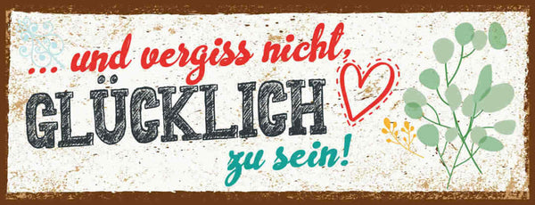 Schild Und Vergiss Nicht Glücklich Zu Sein Glück Leben 27x10 Blech od.Holz