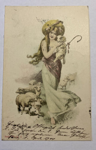 Künstlerkarte Frau Schafe Lamm 84004