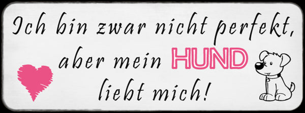 Schild Ich Bin Zwar Nicht Perfekt Aber Mein Hund Liebt Mich  27x10 Blech od.Holz