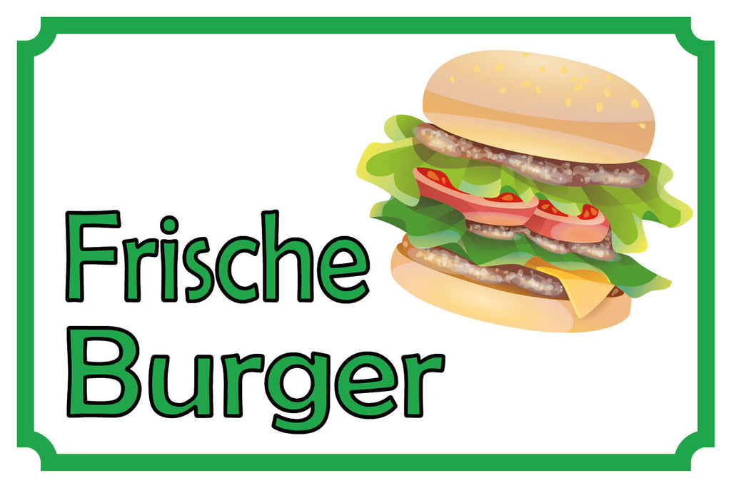Schild Frische Burger Hamburger Fast Food 12x18 / 20x30 / 30x40 Blech od. Holz