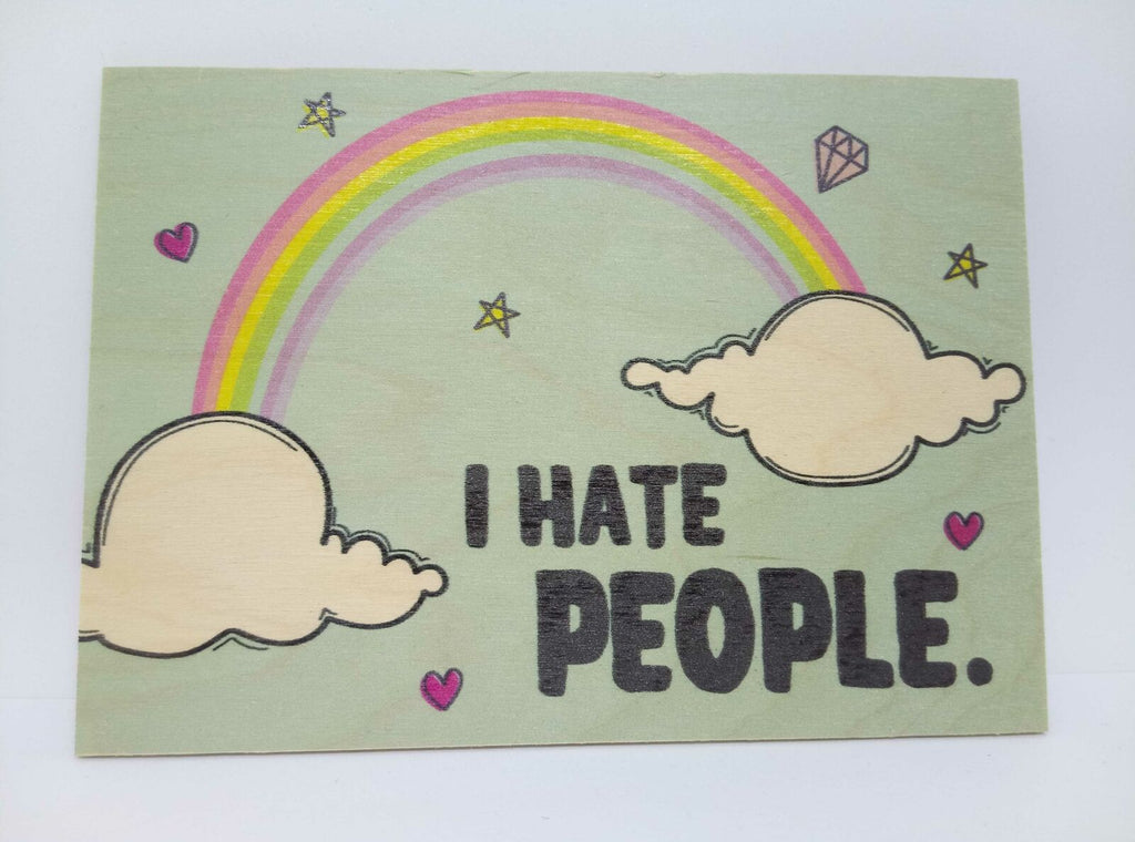 Holzpostkarte magnetisch "I hate people" Regenbogen 14x10 Birkenholz 50280
