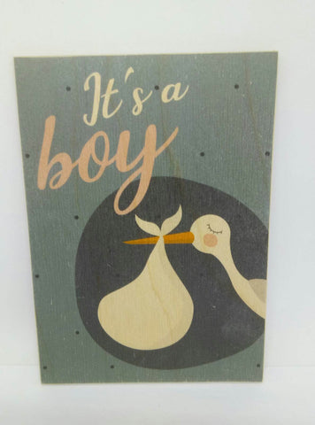 Holzpostkarte magnetisch "It's a boy" Storch Baby blau 14x10 Birkenholz 50286