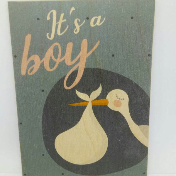 Holzpostkarte magnetisch "It's a boy" Storch Baby blau 14x10 Birkenholz 50286