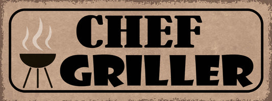Schild Chef Griller Grillen Grill BBQ Party Koch Kochen 27x10 Blech od.Holz