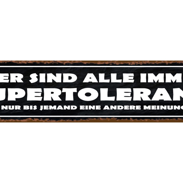 Schild Super Tolerant Andere Meinung Ansicht Verständnis 46 x 10 Blech od. Holz