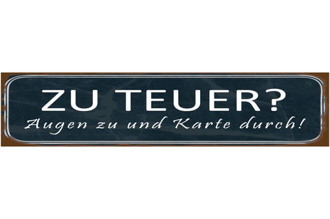 Schild Zu Teuer Karte Kreditkarte Bezahlung Augen zu 46 x 10 Blech od. Holz