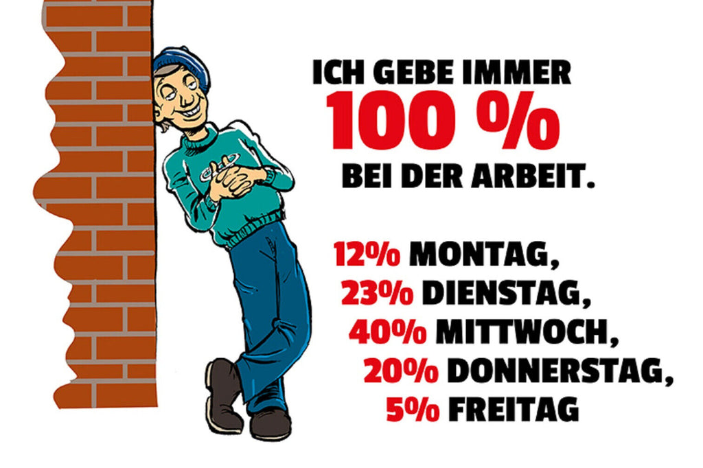Schild Spruch Ich gebe immer 100% bei der Arbeit 12% Montag 23% Dienstag JW