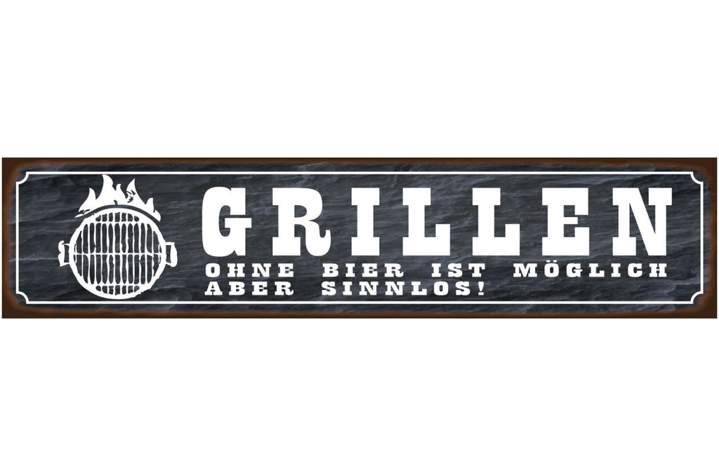 Schild Grillen Bier Alkohol Glas Griller BBQ Fleisch 46 x 10 Blech od. Holz