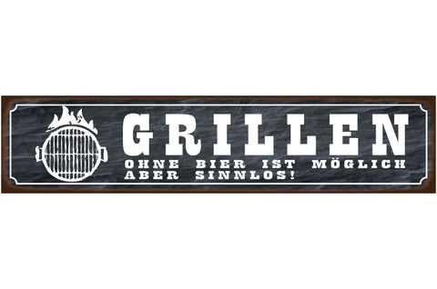 Schild Grillen Bier Alkohol Glas Griller BBQ Fleisch 46 x 10 Blech od. Holz
