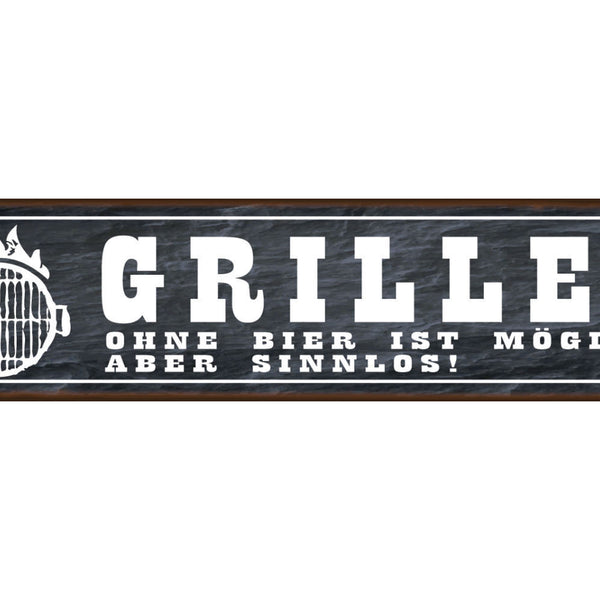 Schild Grillen Bier Alkohol Glas Griller BBQ Fleisch 46 x 10 Blech od. Holz