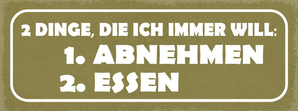 Schild 2 Dinge Die Ich Immer Will 1.Abnehmen 2.Essen Gewicht 27x10 Blech od.Holz