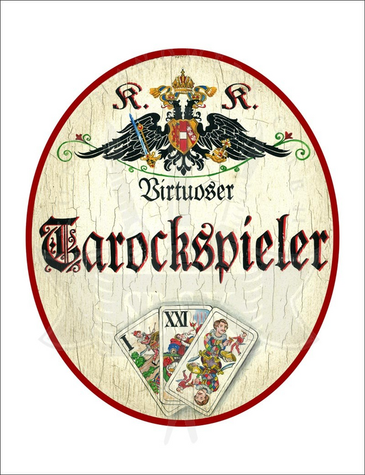 KuK Nostalgie Holzschild "Virtuoser Tarockspieler" Spielkarten