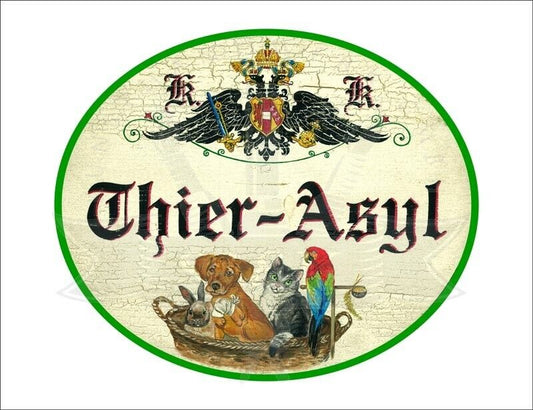 KuK Nostalgie Holzschild "Thier-Asyl" Tierasyl Hund Katze Vogel Korb