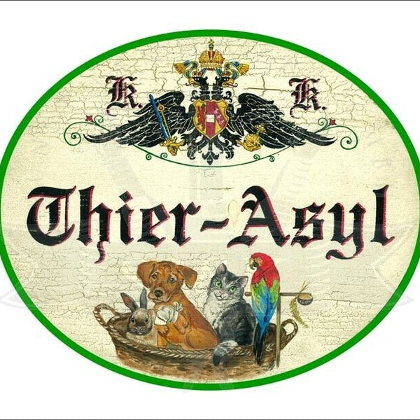 KuK Nostalgie Holzschild "Thier-Asyl" Tierasyl Hund Katze Vogel Korb