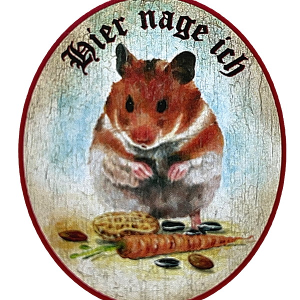 KuK Nostalgie Holzschild "Hier nage ich" Hamster Karotte Erdnuss Futter