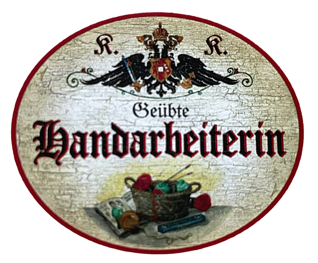 KuK Nostalgie Holzschild "Geübte Handarbeiterin" Korb Stricknadeln Garn