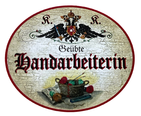 KuK Nostalgie Holzschild "Geübte Handarbeiterin" Korb Stricknadeln Garn