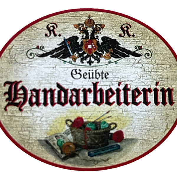 KuK Nostalgie Holzschild "Geübte Handarbeiterin" Korb Stricknadeln Garn