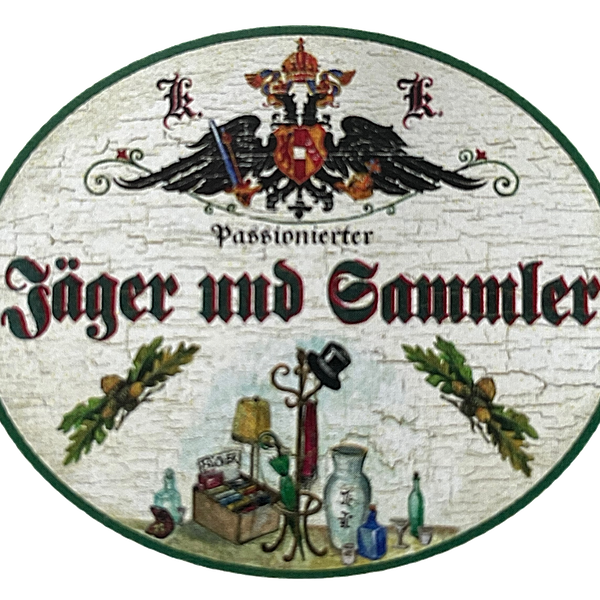 KuK Nostalgie Holzschild "Passionierter Jäger und Sammler" Hutständer Vase Lampe