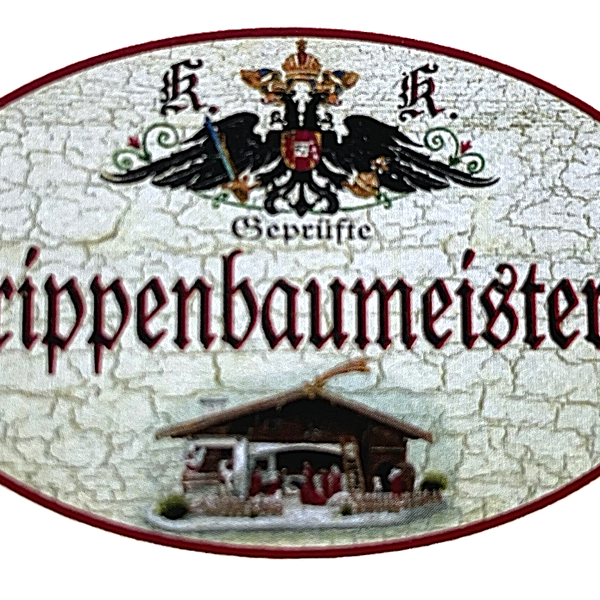 KuK Nostalgie Holzschild "Geprüfte Krippenbaumeisterin" Weihnachten