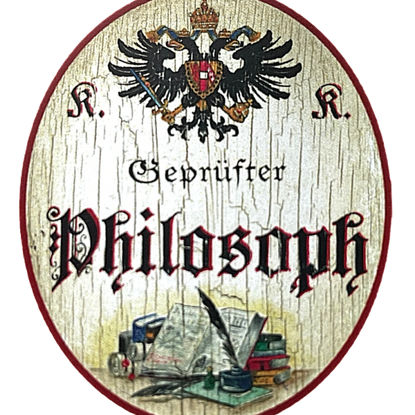 KuK Nostalgie Holzschild "Geprüfter Philosoph" Bücher Schreibfeder