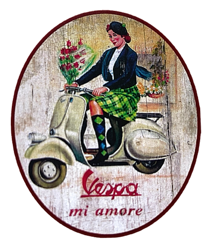 Nostalgie Holzschild "Vespa Mi Amore" Motorroller Frau Blumenstrauß