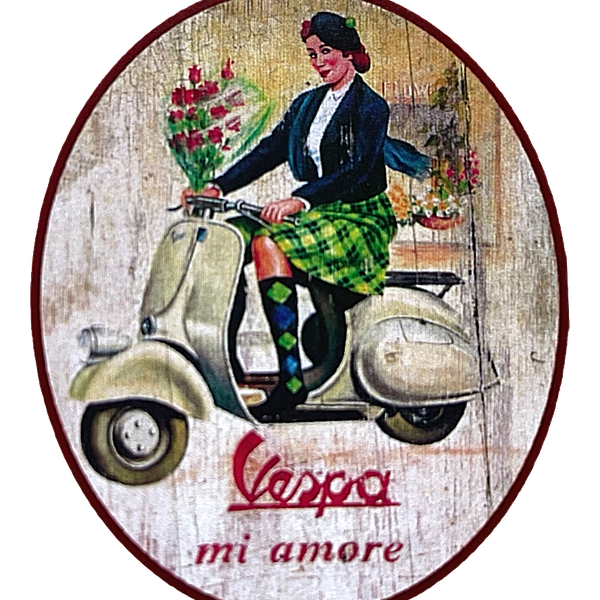 Nostalgie Holzschild "Vespa Mi Amore" Motorroller Frau Blumenstrauß