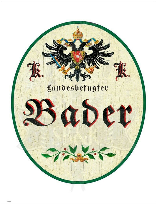 KuK Nostalgie Holzschild - Landesbefugter Bader - Ornament TH