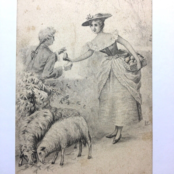 Fröhliche Ostern - Frau verteilt Ostereier - Künstlerkarte 110076 TH