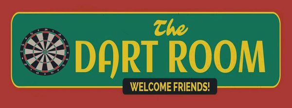 Schild The Dart Room Welcome Friends Darten Spiel Pfeil 27x10 Blech od.Holz