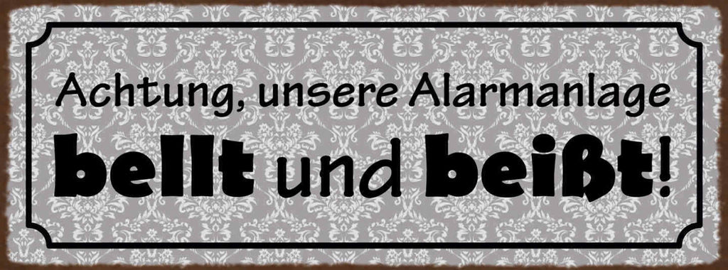 Schild Achtung Unsere Alarmanlage Bellt & Beißt Hund Hunde 27x10 Blech od.Holz
