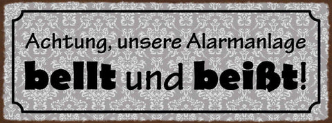 Schild Achtung Unsere Alarmanlage Bellt & Beißt Hund Hunde 27x10 Blech od.Holz