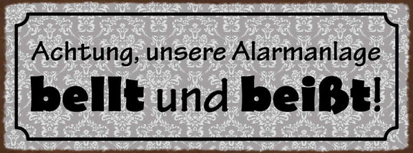 Schild Achtung Unsere Alarmanlage Bellt & Beißt Hund Hunde 27x10 Blech od.Holz