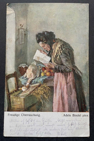 Malerei Freudige Überraschung A.Bindl Frau Gans Brief Kleid Tracht 400345 TH