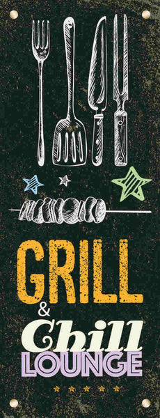 Schild Grill & Chill Lounge Grillen Entspannen Erholung BBQ 27x10 Blech od.Holz