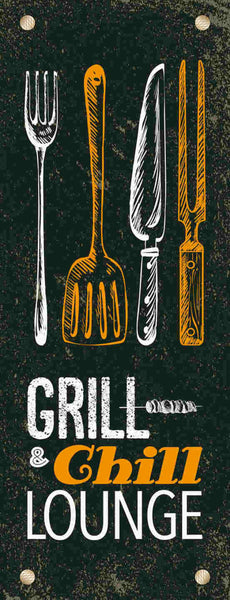 Schild Grill & Chill Lounge Grillen Entspannen Erholung BBQ 27x10 Blech od.Holz