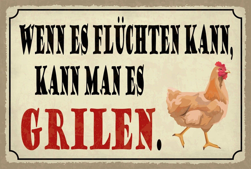 Schild Flüchten Grillen Huhn Fleisch BBQ 12x18 / 20x30 / 30x40 Blech od. Holz