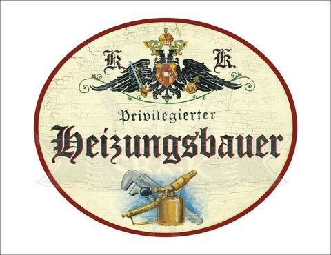 KuK Nostalgie Holzschild - Privilegierter Heizungsbauer - Werkzeug TH