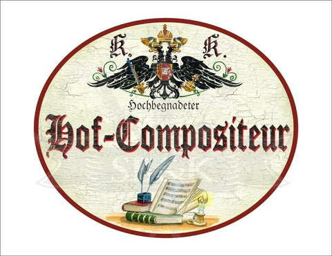 KuK Nostalgie Holzschild - Hochbegnadeter Hof-Compositeur - Bücher Feder TH