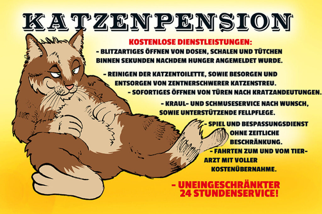 Schild Spruch Katzenpension Kostenlose Dienstleistungen Blitzartiges öffnen JW