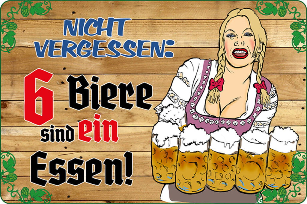 Schild Spruch Nicht vergessen 6 Biere sind ein Essen Alkohol JW